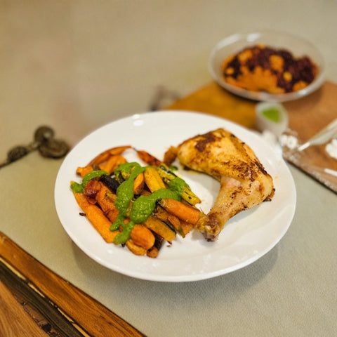 Chili-Cumin Spiced Chicken with Cilantro Sauce and Sweet and Spicy Carrots