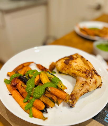 Chili-Cumin Spiced Chicken with Cilantro Sauce and Sweet + Spicy Carrots